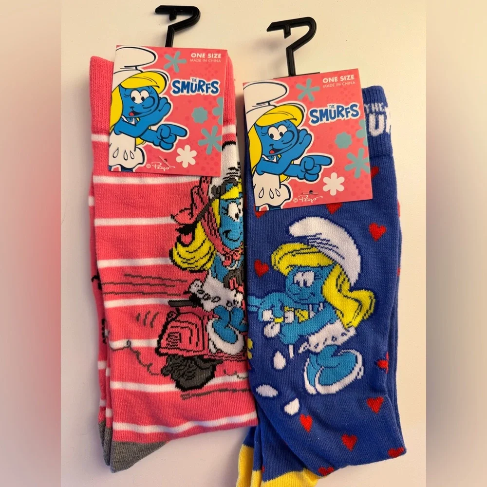 Gift Bundle of 2 Smurfs Socks featuring Smurfette Pink and Blue 80s Retro NWT